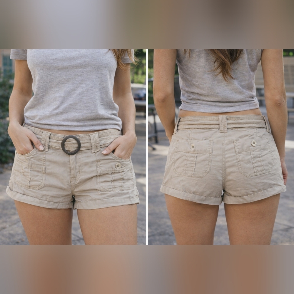 True Freedom Shorts Size 7 M Medium Khaki Mini Fit Low Rise Wood Belt Casual